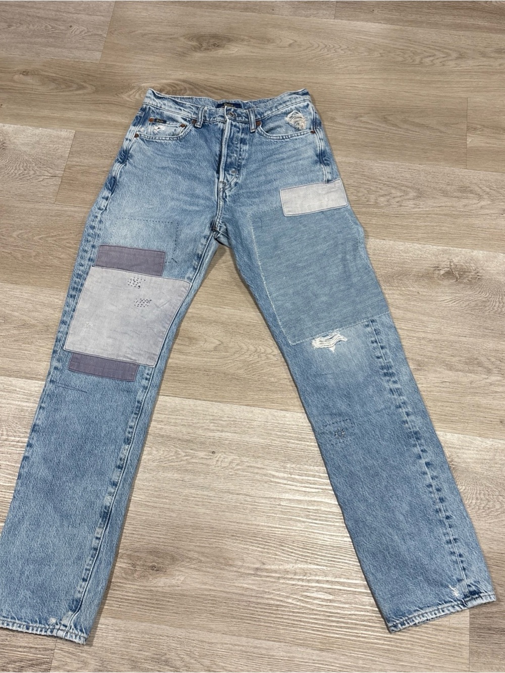 Polo Ralph Lauren High Rise Relaxed Straight Jean Blue  Patch Work Size 25